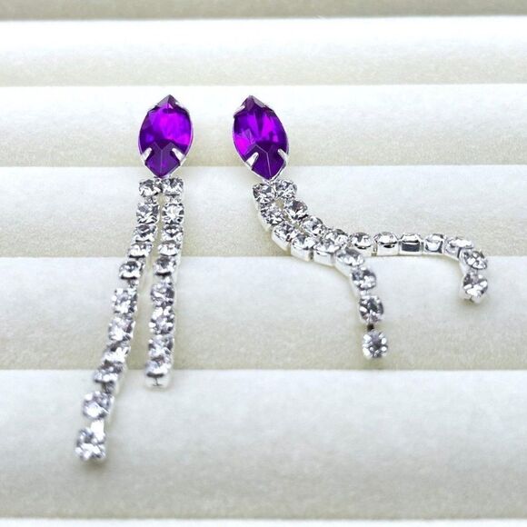 Silver with Purple Amethyst and White Diamond Crystal Dangling Post Earrings - Picture 6 of 10